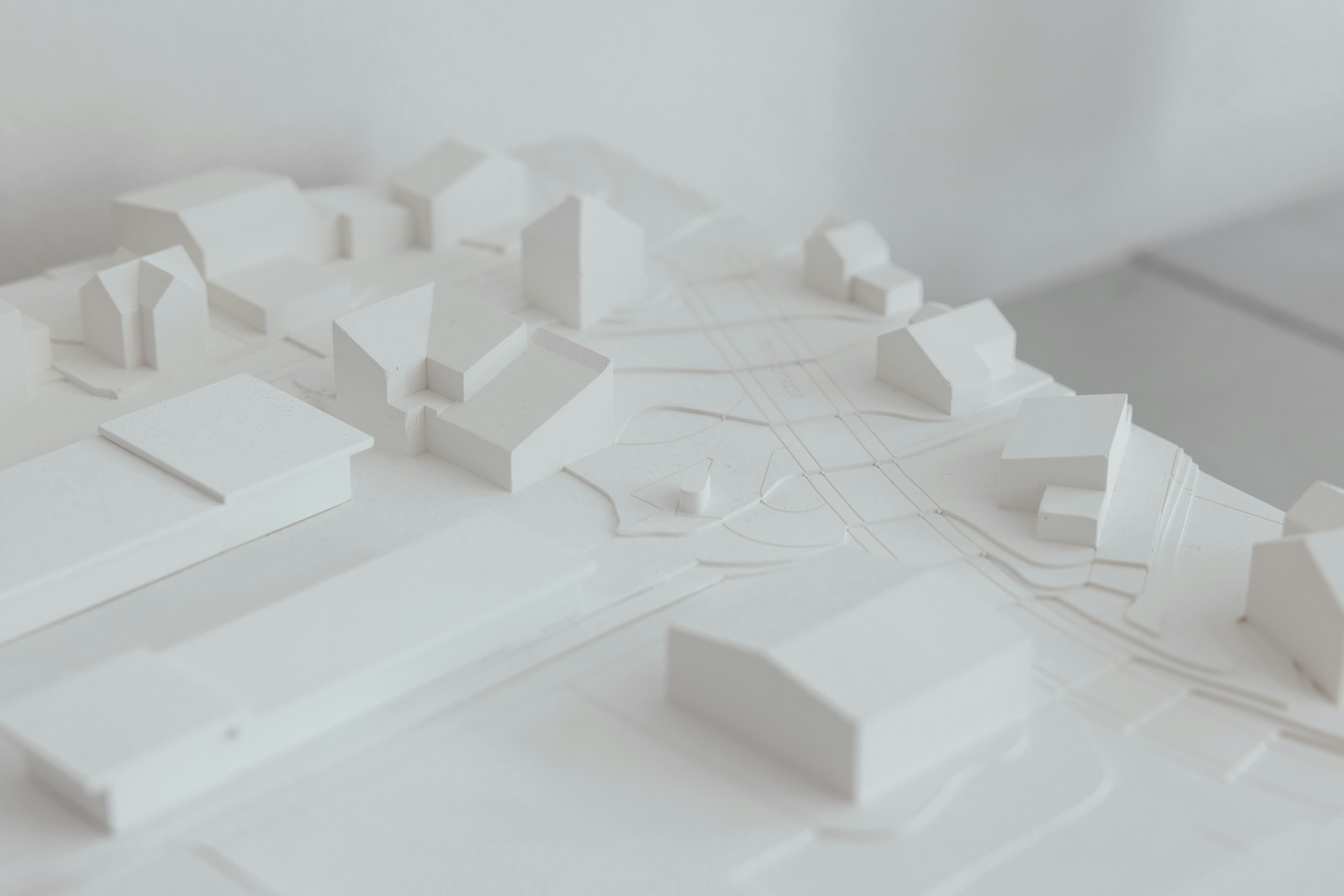 Maquette d'étude monochrome d'un quartier - bâti, voiries et topographie
